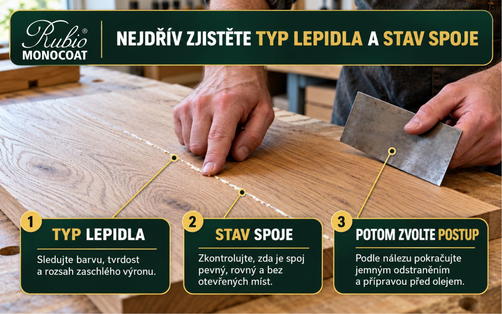 Nejdřív zjistěte typ lepidla a stav spoje.